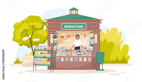 Street newsstand kiosk with vendor selling newspapers, magazines, and journals in a park setting, surrounded by greenery, isolated on white background vector illustration