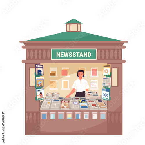 Street newsstand offering newspapers, magazines, and periodicals with vendor standing behind counter, ideal for urban press and media concepts, isolated on white background vector illustration