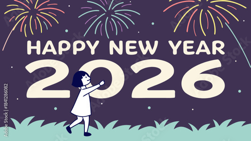 A cartoon girl celebrates happy new year 2026 with colorful fireworks exploding in the night sky
