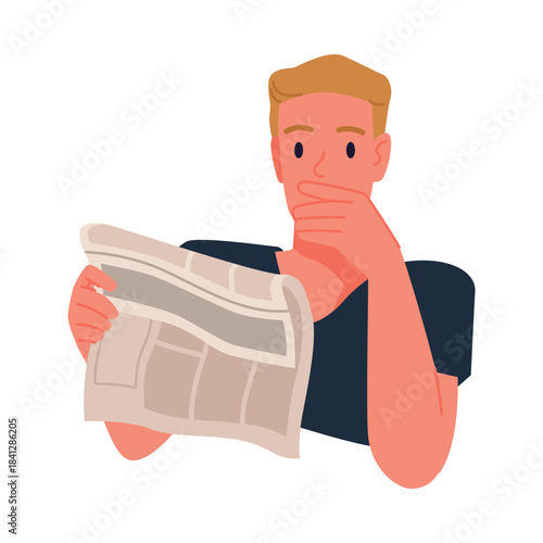 Young man holding newspaper, looking surprised and thoughtful, concept of breaking news, journalism, media, and information, isolated on white background vector illustration