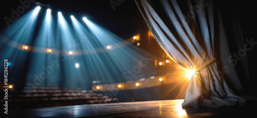 Stage with spotlight beams and open curtain in empty theater, symbolizing performance, anticipation, and dramatic ambiance in an artistic setting.