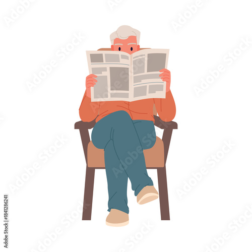 Elderly man sitting and reading newspaper on isolated white background vector illustration