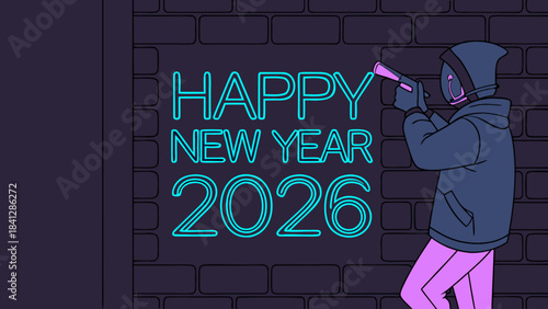 Person wearing hoodie spraying party popper near neon happy new year 2026 text on dark brick wall