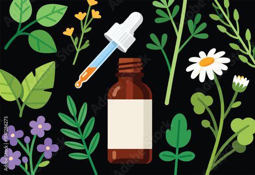 Brown bottle with dropper surrounded by various green leaves and small flowers