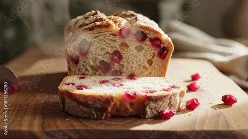Artisanal bread with mixed berries being sliced on a rustic wooden surface capturing a warm baking