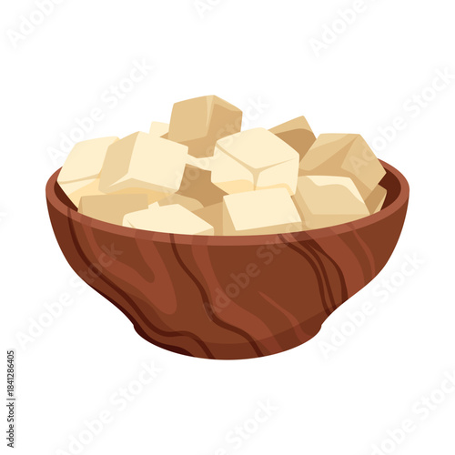 Fresh tofu cubes served in a wooden bowl, ideal for vegan recipes, healthy eating, and Asian cuisine concepts, isolated on white background vector illustration