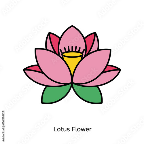Delicate Pink Lotus Blossom Illustration with Black Outline and Vibrant Color