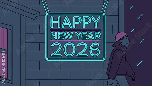 Person walks past a neon happy new year 2026 sign on a brick wall at night