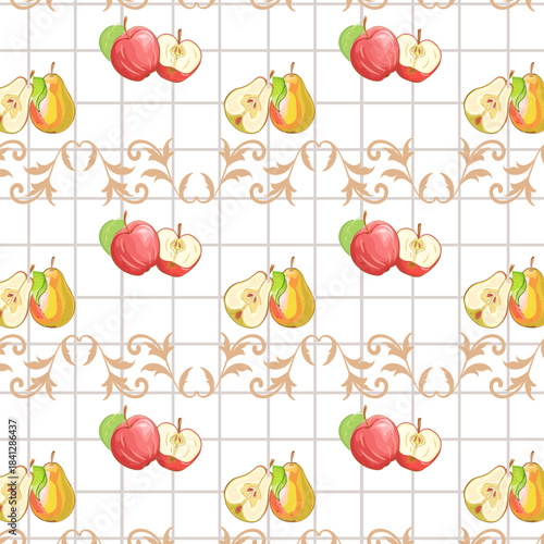 Beautiful ornament with apples and pears on a checkered background.Vector seamless pattern with apples and pears on tiles.