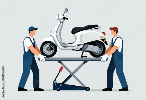 Two mechanics lift a white scooter on a hydraulic scissor lift