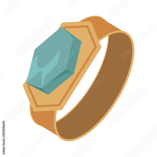 Elegant isolated Victorian gold ring with large blue gemstone on white background vector illustration