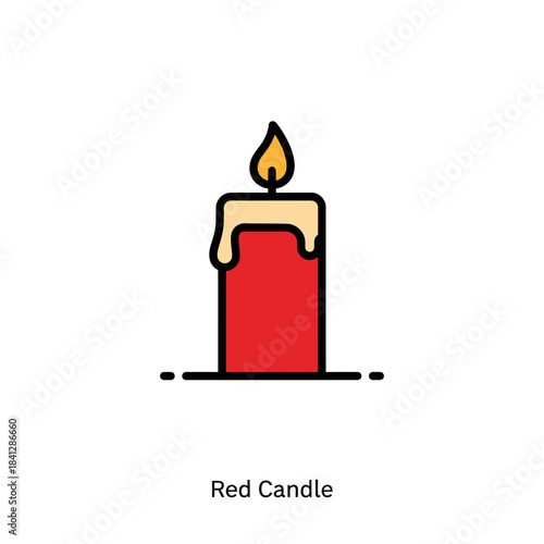 Minimalist red candle with golden flame illustration on a white background