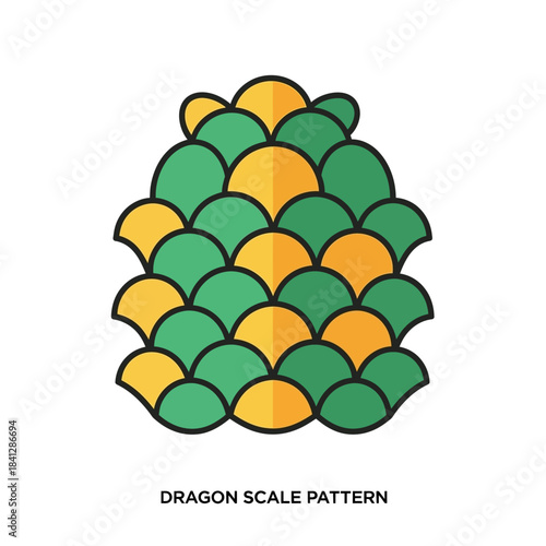 Stylized dragon scale pattern in green and gold with outlined edge