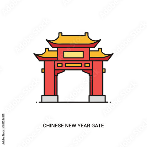 Stylized Illustration of a Traditional Chinese Gate with Red and Yellow