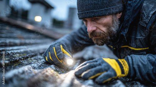 Inspector examining roof surface with flashlight during winter for damage assessment, maintenance, and repair in cold weather conditions.