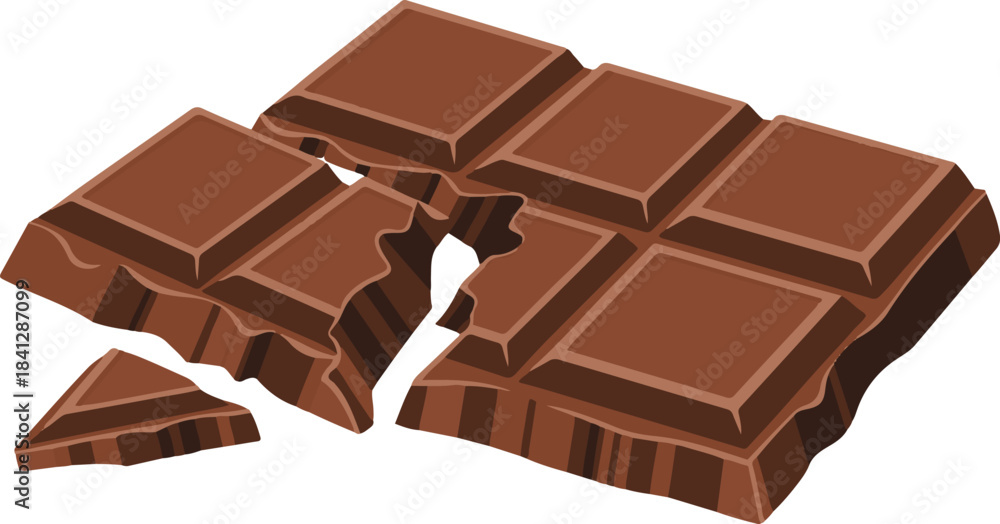 Fototapeta premium Cracked chocolate bar design element, broken dessert snack with square pieces isolated on transparent background, vector illustration