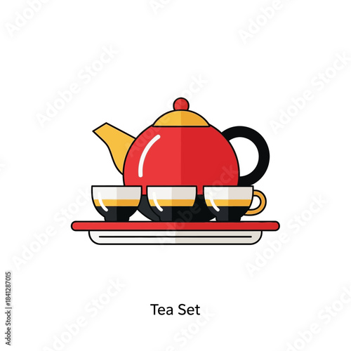 Elegant Tea Set Illustration Featuring Teapot and Cups on Tray, minimal style
