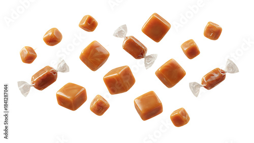 IA generated. A dynamic group of caramel toffee cubes and wrapped candies floating or falling, isolated on a white background. Realistic food render with smooth textures and warm golden-brown tones. P