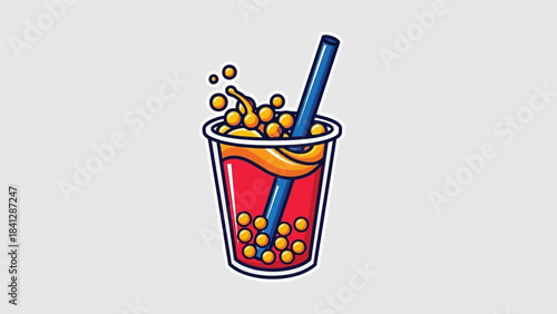 Illustration of a Refreshing Boba Tea Drink with Straw.