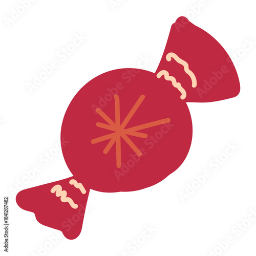 Hand drawn round chocolate candy wrapped in red wrapper, element of winter festival decoration. Simple scribble shape freehand vector icon isolated on white background