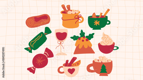Hand-drawn vector set of cozy Christmas, Winter, and New Year holiday symbols, including food, drinks, gifts, and traditional decorations on the grid background