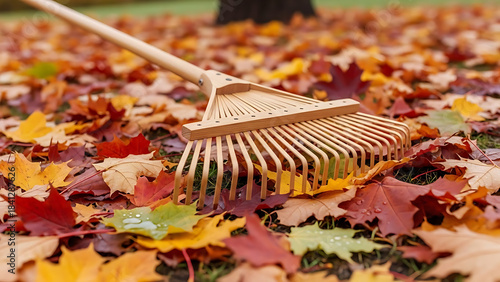 Wooden rake on autumn leaves, fall foliage cleanup concept, close-up of seasonal garden maintenance, colorful maple leaves on the ground, autumn gardening tools scene