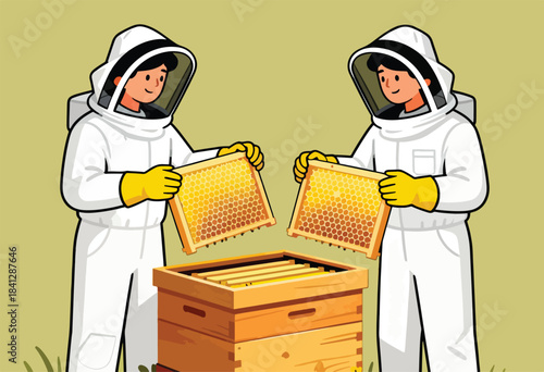 Two beekeepers in protective suits carefully examine honeycomb frames above an open hive