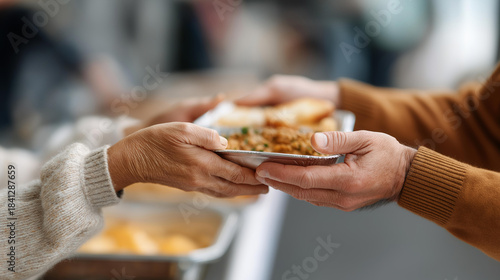 Faceless volunteers at homeless shelter handing out warm meals to residents, capturing compassion and support, charitable food distribution, community care service, defocused peopl