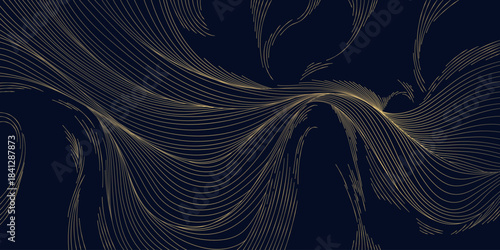 Elegant gold wave pattern, soft linear curves, art deco elements, Japanese, Chinese. Luxury abstract vector flowing background, texture, organic packaging.