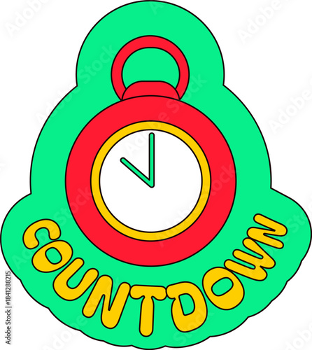 Red mechanical pocket watch with yellow text countdown. New Year sticker or gift card in old style of 2000. Cartoon Y2K retro sticker on white background