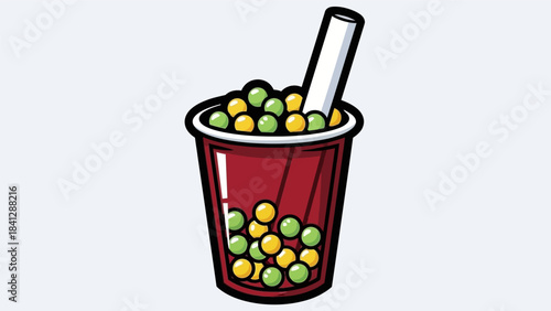 Illustration of a Bubble Tea Drink with Colorful Boba Pearls.