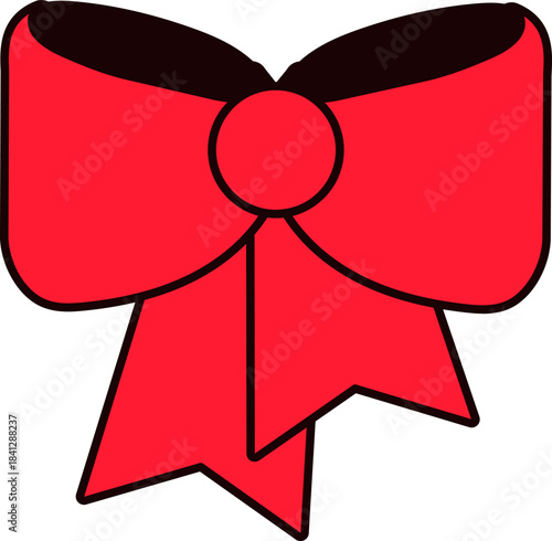 Red silk tied bow for decorating new year gifts and trees. New Year sticker or gift card in old style of 2000. Cartoon Y2K retro sticker on white background