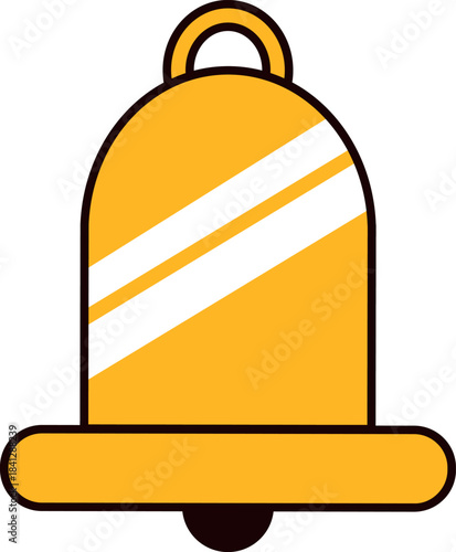 Golden ringing Christmas bell. New Year sticker or gift card in old style of 2000. Cartoon Y2K retro sticker on white background