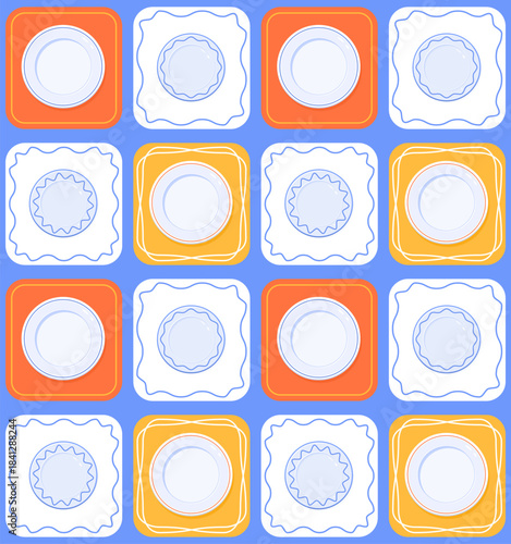 A seamless pattern with decorative tableware plates in colorful square tiles. Perfect for kitchen decor, restaurant design, wrapping paper, textiles, and modern home surface design projects.
