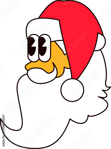 Head Santa With Text. New Year sticker or gift card in old style of 2000. Cartoon Y2K retro sticker on white background