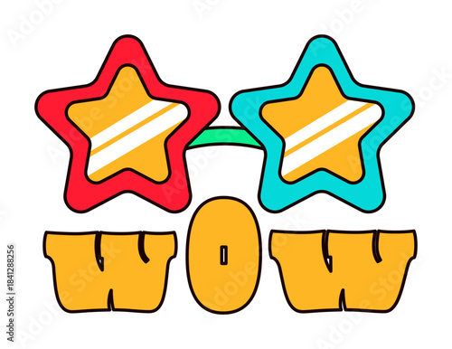 Multicolored disco glasses with star shaped frames and text wow for New Year costume. New Year sticker or gift card in old style of 2000. Cartoon Y2K retro sticker on white background