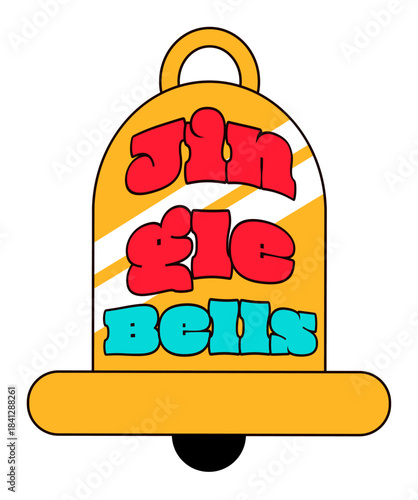 Golden ringing Christmas bell. New Year sticker or gift card in old style of 2000. Cartoon Y2K retro sticker on white background