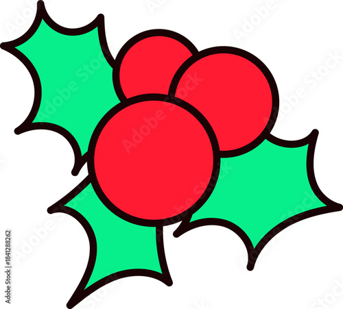 Sprig of mistletoe with green prickly leaves and red berries. New Year sticker or gift card in old style of 2000. Cartoon Y2K retro sticker on white background