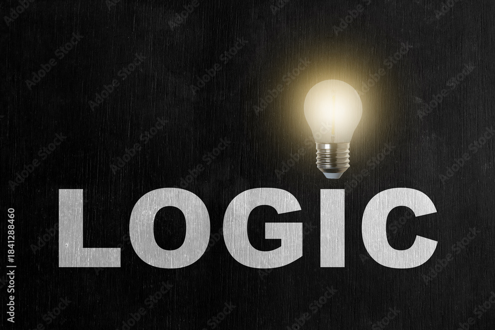 Obraz premium The word logic in bold white letters on a dark chalkboard background with a glowing light bulb placed above it. Concept of logic, rational thinking and innovative ideas