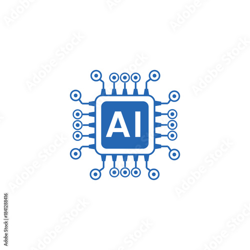 this is a flat logo design of a microchip complete with transistor or nodes lines with initials AI on the center in blue color that looks clean in flat style on a white background

