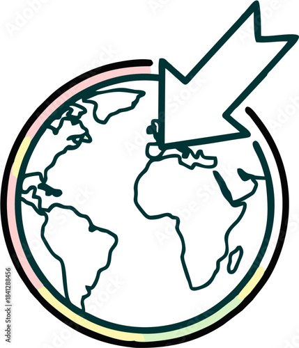 Creative hand-drawn world globe illustration with a prominent arrow indicating a specific location or global strategy for business and travel concepts