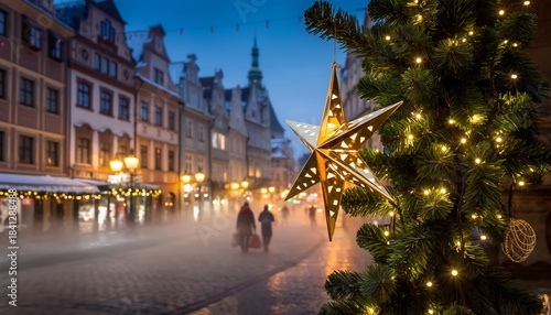 Glowing Christmas star ornament on a festive Christmas tree with blurred European street lights and buildings in the background, concept for holiday, travel and celebration