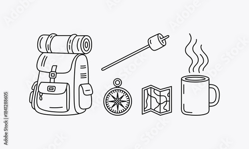 Minimalist camping and hiking outdoor adventure gear essentials set line art illustration for nature exploration journeys