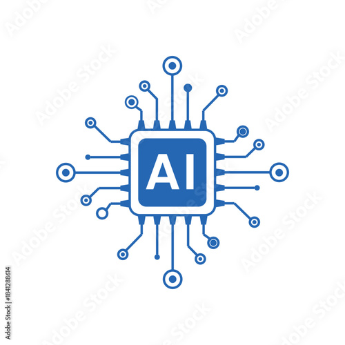 this is a flat logo design of a computer microchip complete with transistor or nodes lines with initials AI on the center in blue color that looks clean in flat style on a white background