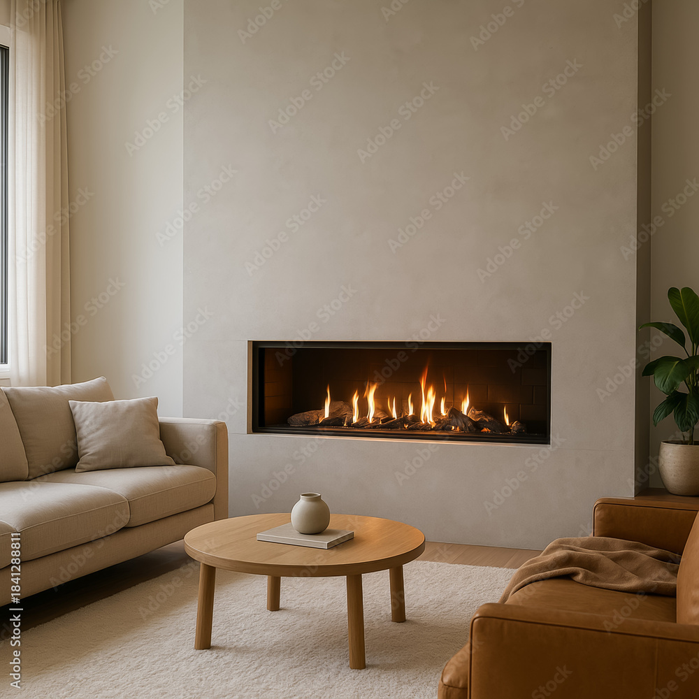 Obraz premium Cozy modern living room with fireplace and comfortable furniture