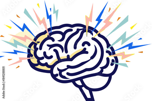 Illustration of a human brain with lightning bolts emanating from it, symbolizing ideas, creativity, and inspiration