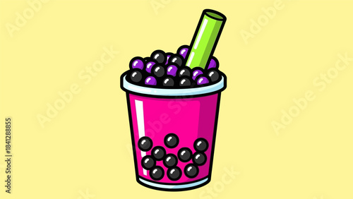 Illustration of a Pink Boba Tea with Black Pearls and Green Straw.