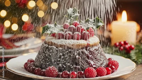 Festive holiday dessert with gingerbread, berries, and holiday ambiance in cozy setting