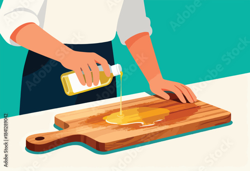 A hand pours liquid from a bottle onto a wooden cutting board