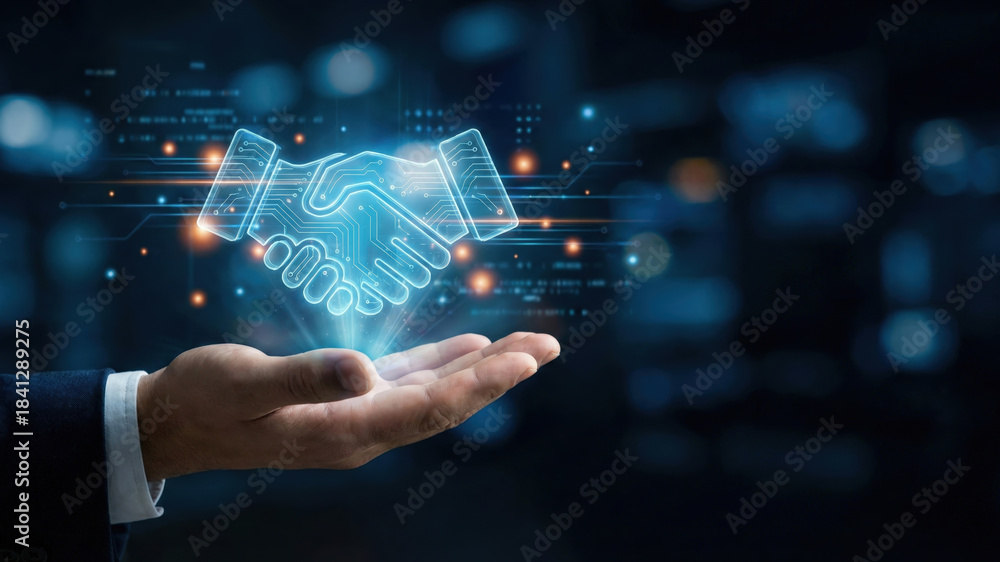 Fototapeta premium Digital handshake hologram above hand, symbolizing business agreement and technology connection in futuristic style